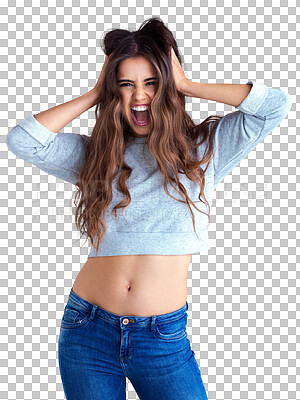 Buy stock photo Portrait, crazy and woman with hands on head in scream, shout or excited expression on isolated, transparent and png background. Girl, face of surprise and reaction of fear, panic and shock 