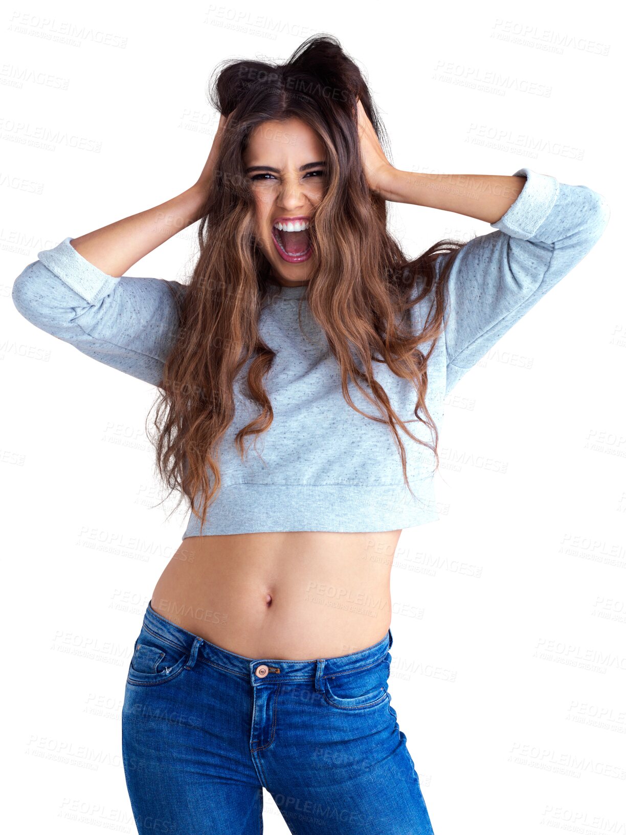 Buy stock photo Portrait, crazy and woman with hands on head in scream, shout or excited expression on isolated, transparent and png background. Girl, face of surprise and reaction of fear, panic and shock 