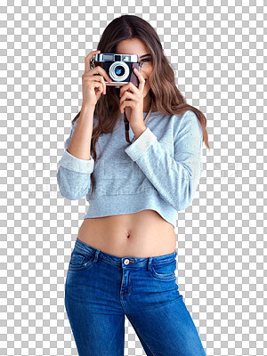 Buy stock photo Woman, retro camera and portrait for photographer, journalist and transparent png background. Isolated girl, professional photography and vintage tech for shooting, fashion or press job for magazine