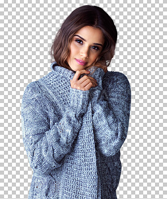 Buy stock photo Portrait, jersey and winter with woman in transparent png with isolated background in cold weather. Autumn, face and warm with sweater for frozen season with fashion or comfort or cosy clothes.
