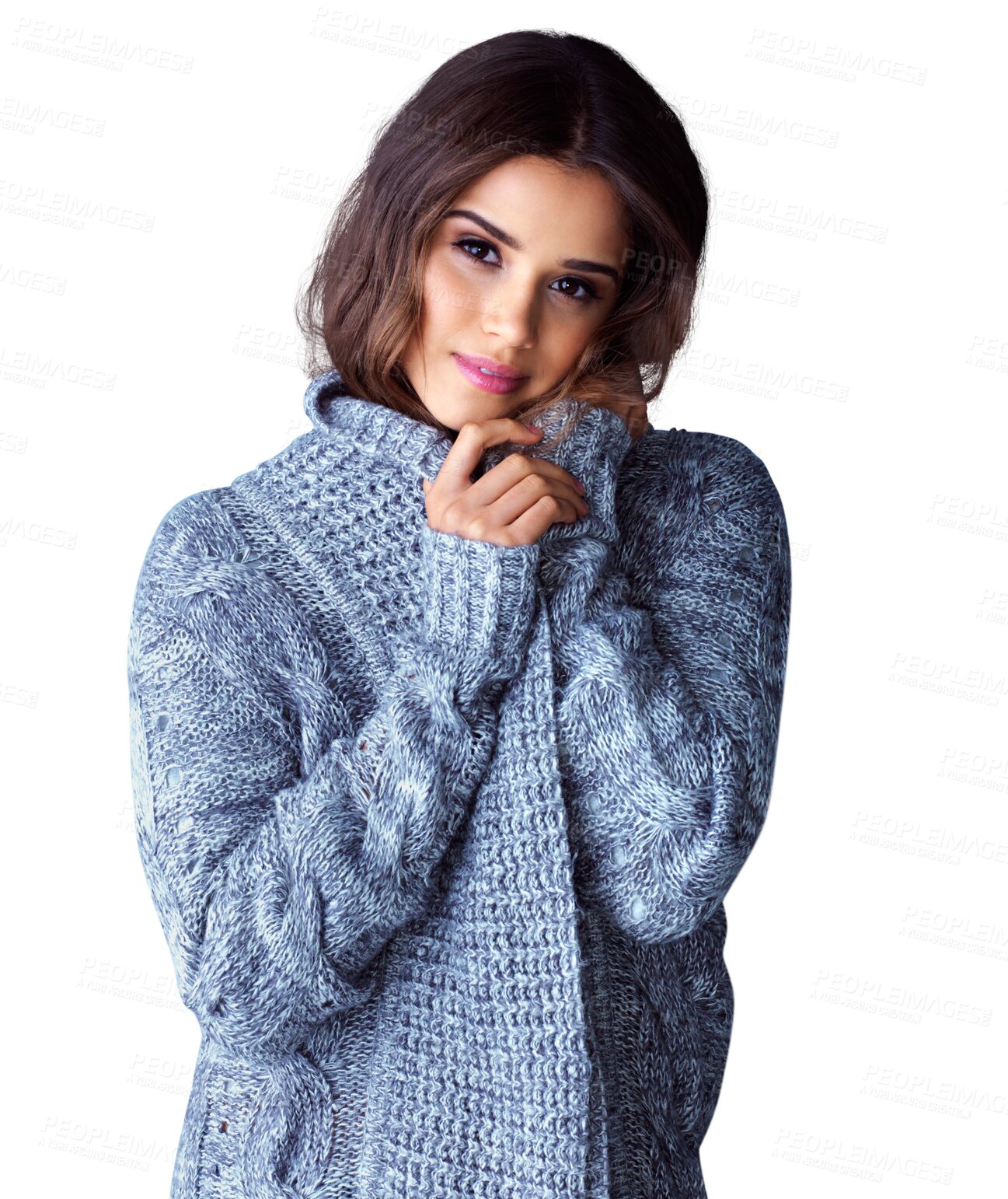 Buy stock photo Portrait, jersey and winter with woman in transparent png with isolated background in cold weather. Autumn, face and warm with sweater for frozen season with fashion or comfort or cosy clothes.
