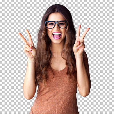 Buy stock photo Portrait of woman with smile, peace sign and glasses, happy face and isolated on transparent png background. Happiness, freedom and excited gen z girl with winning hand gesture, v symbol or emoji.