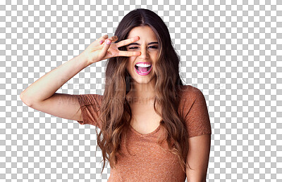 Buy stock photo Portrait of woman, smile and peace sign on face, happy celebration and isolated on transparent png background. Happiness, freedom and excited gen z girl with winning hand gesture, v symbol or emoji.