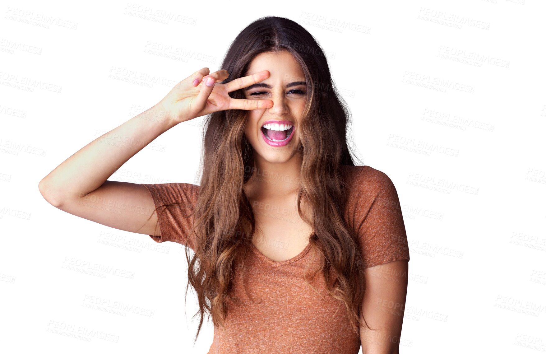 Buy stock photo Portrait of woman, smile and peace sign on face, happy celebration and isolated on transparent png background. Happiness, freedom and excited gen z girl with winning hand gesture, v symbol or emoji.