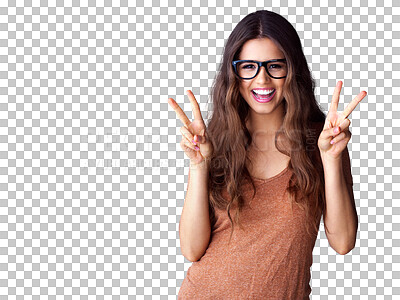 Buy stock photo Portrait of happy woman, glasses and peace sign hands, smile and isolated on transparent png background. Happiness, freedom and excited face of gen z girl in winning hand gesture, v symbol or emoji.