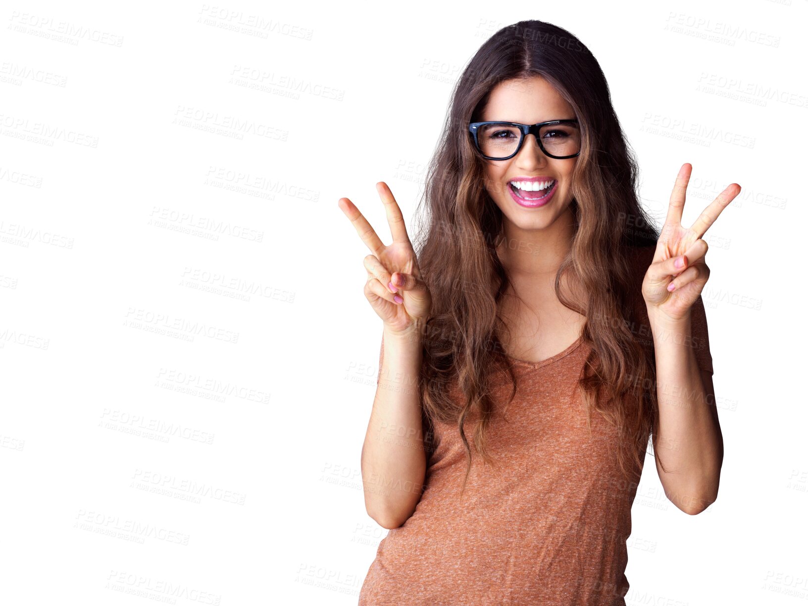 Buy stock photo Portrait of happy woman, glasses and peace sign hands, smile and isolated on transparent png background. Happiness, freedom and excited face of gen z girl in winning hand gesture, v symbol or emoji.