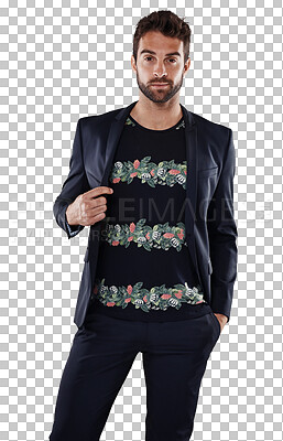 Buy stock photo Portrait, serious fashion and man in suit standing isolated on a transparent png background. Cool, model and confident person with hand in pocket from Australia in stylish, trendy and classy clothes.