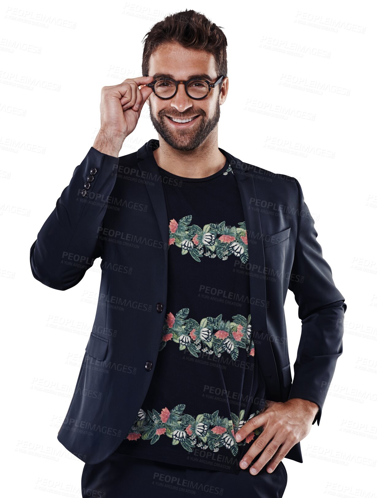 Buy stock photo Portrait, fashion and man with glasses, beauty and confident model isolated against a transparent background. Face, male person and  guy with eyewear, stylish outfit and happiness with png and vision