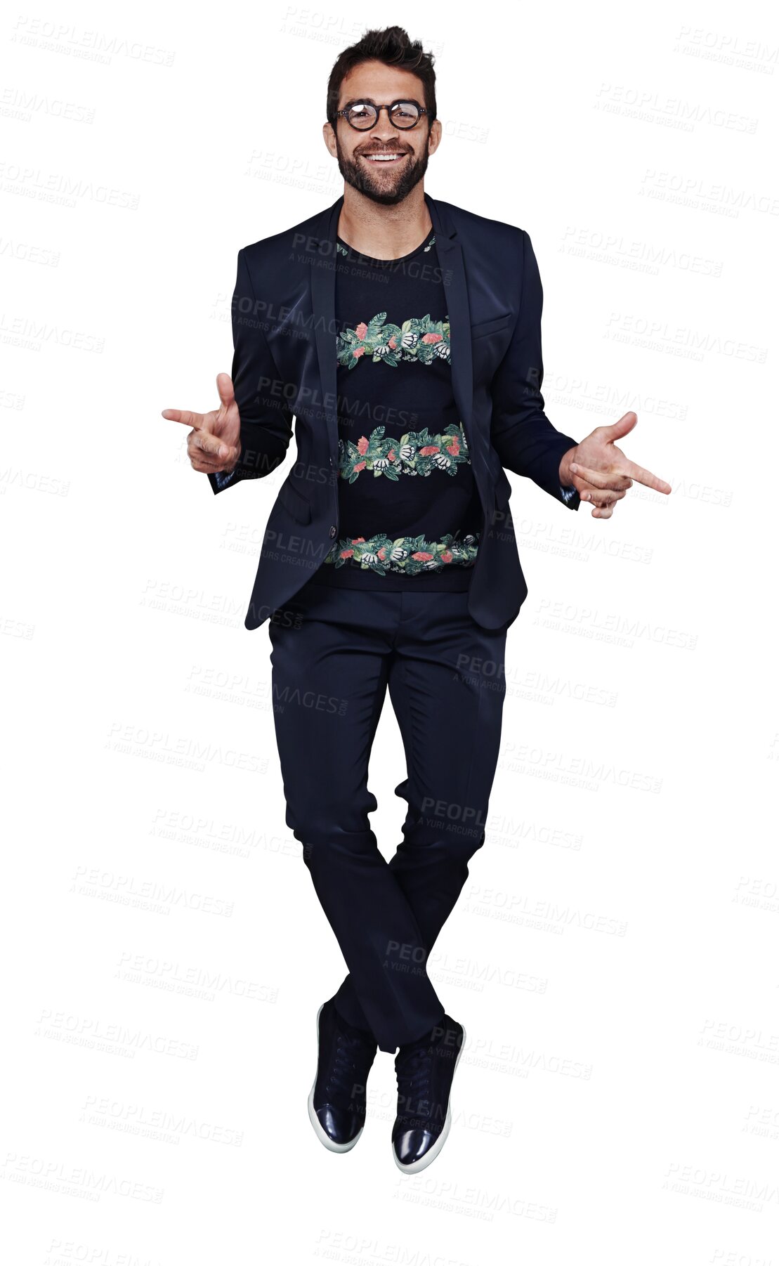 Buy stock photo Fashion, portrait and cool man dancing feeling happy and excited isolated in a transparent or png background. Dance, celebrate and young person or model in happiness and confident in clothes