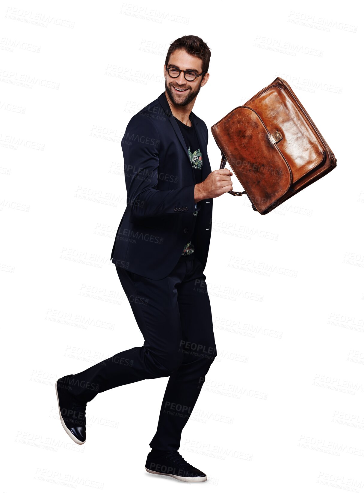 Buy stock photo Happy, corporate and a running businessman with a bag isolated on a transparent png background in a studio. Smile, walking and a young man in a suit with a briefcase for work and walk to meeting