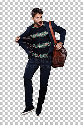 Buy stock photo Fashion, man with a handbag isolated and against a transparent png background with trendy clothing. Marketing or advertising, clothes with model and confident male person with bag for storage travel