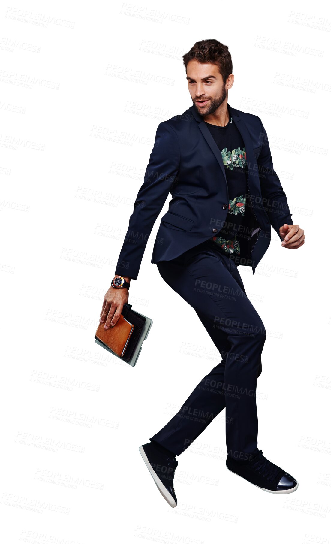 Buy stock photo Fashion, body and business man walking isolated on transparent, png background with career notebook or planner. Model, employee or designer person with professional clothes, creative style and books