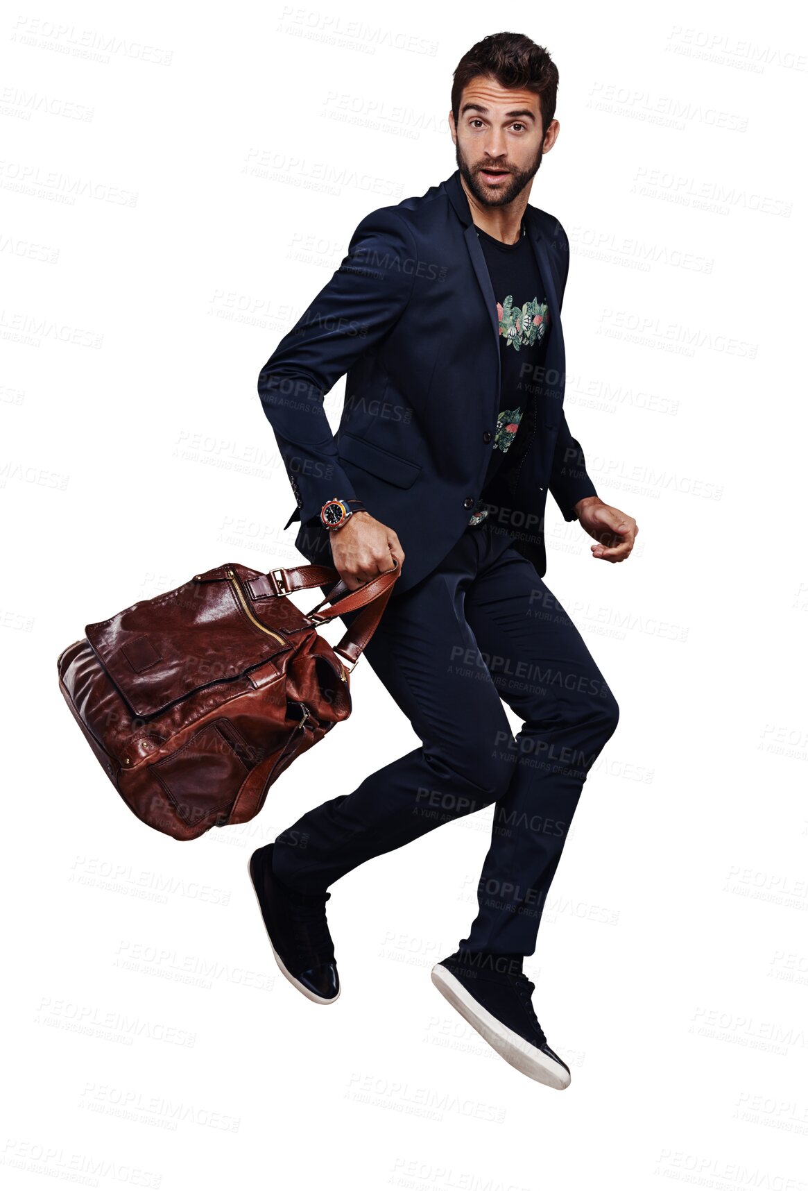 Buy stock photo Fashion, jump and portrait of man with a bag or style of clothes for travel isolated in a transparent and png background. Cool, fun and young person or hipster model with a suitcase excited