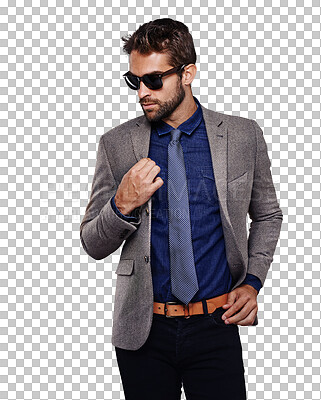 Buy stock photo Fashion, thinking and man with stylish outfit, fantasy and cool guy isolated against a transparent background. Thoughts, male person or model with sunglasses, formalwear or wonder with png or clothes