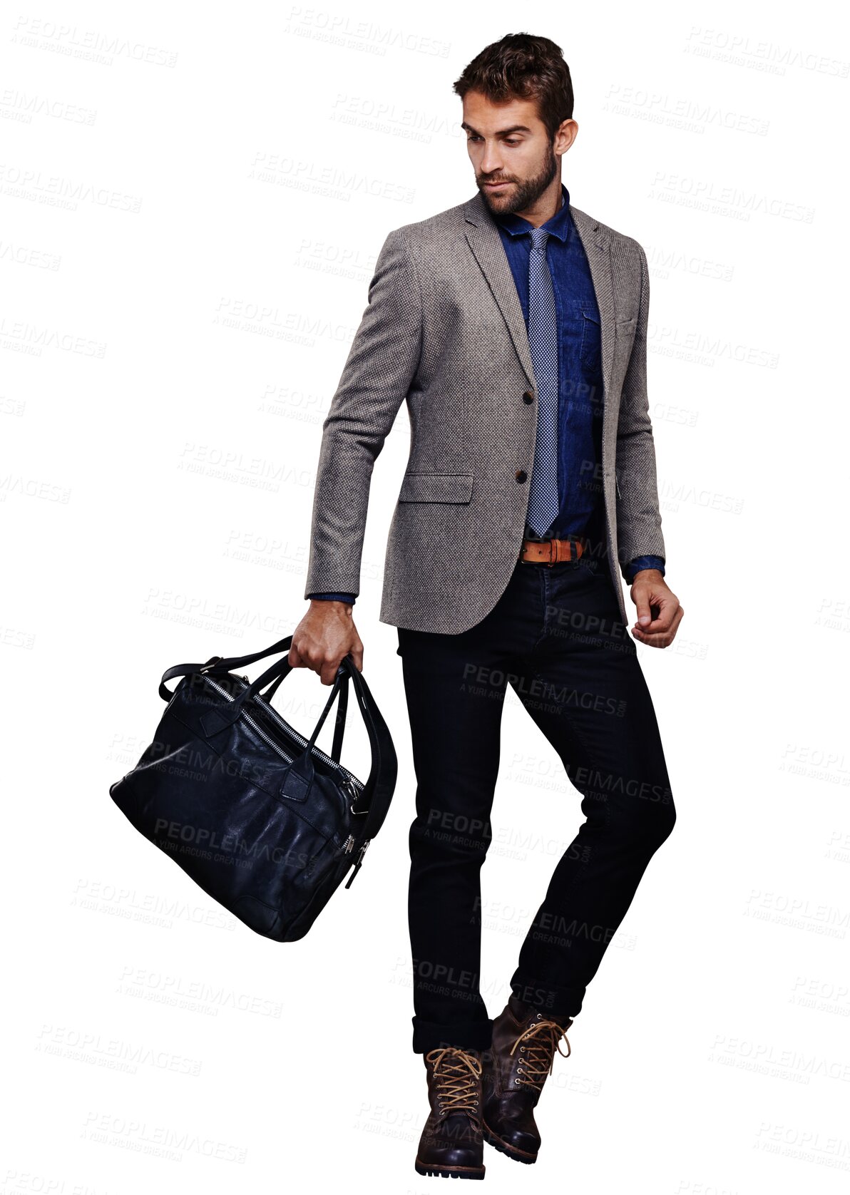 Buy stock photo Fashion, bag and business man walking isolated on transparent, png background for career travel. Model, employee or designer person with professional clothes and creative suit on his way to work