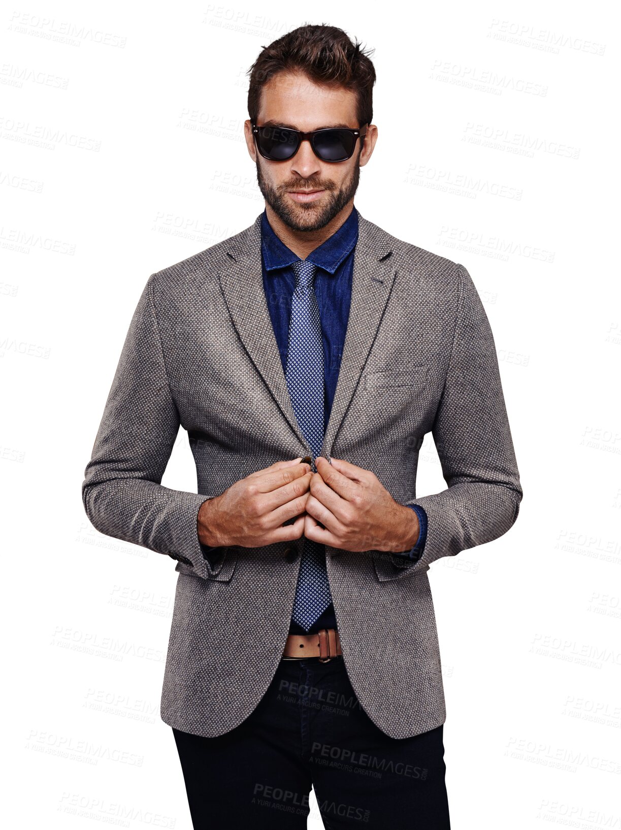 Buy stock photo Fashion model, style and portrait of man in a suit feeling confident isolated in a transparent and png background. Clothes, sunglasses and young person adjust his jacket with confidence
