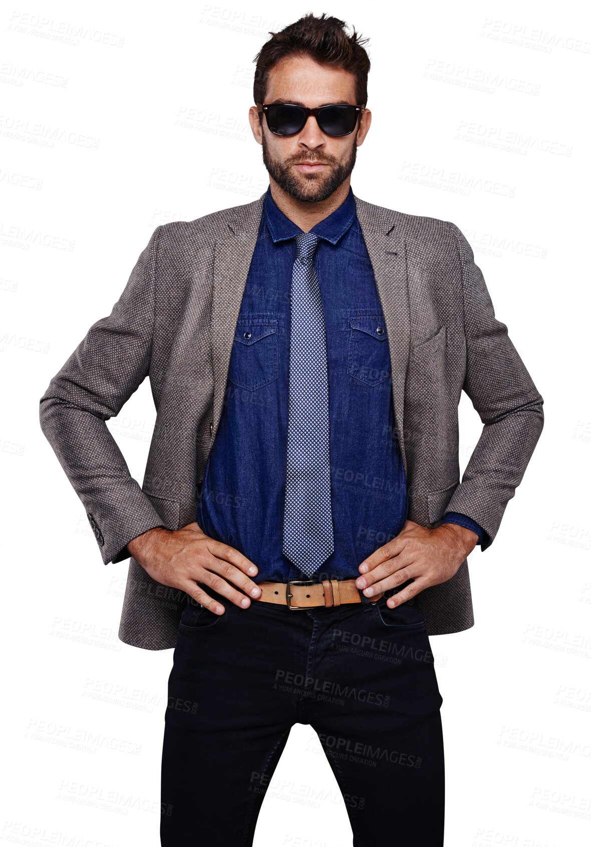 Buy stock photo Fashion, model and portrait of man in a suit feeling confident isolated in a transparent and png background. Clothes, sunglasses and young person with cool jacket for confidence and style