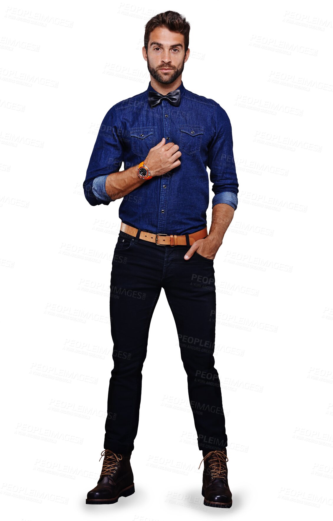 Buy stock photo Fashion style, serious and a man isolated on a transparent, png background. Portrait of male model person from Brazil with bowtie, watch and boots for smart casual aesthetic, focus and concentration