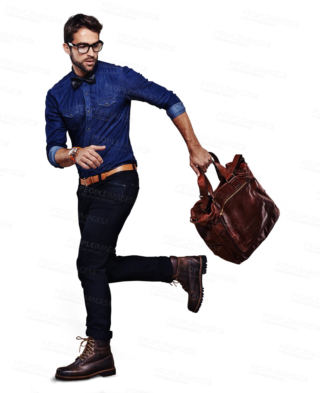 Buy stock photo Isolated business man, bag and travel for vision, think or retro fashion by transparent png background. Young businessman, model and idea for satchel, leather luggage or vintage clothes for aesthetic