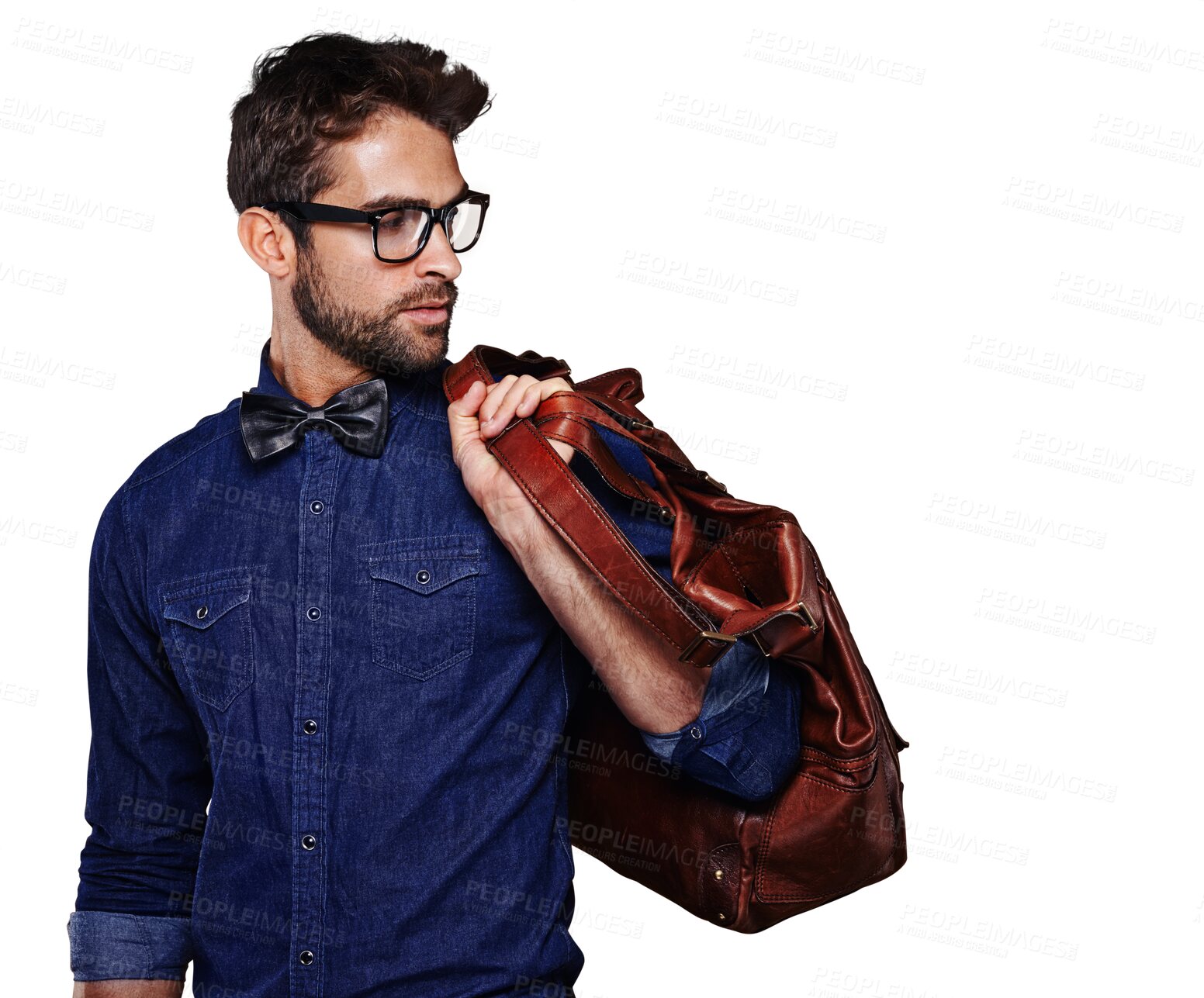 Buy stock photo Isolated business man, bag and luggage for travel, think or retro fashion by transparent png background. Young businessman, model and vision for idea, leather satchel or vintage clothes for aesthetic