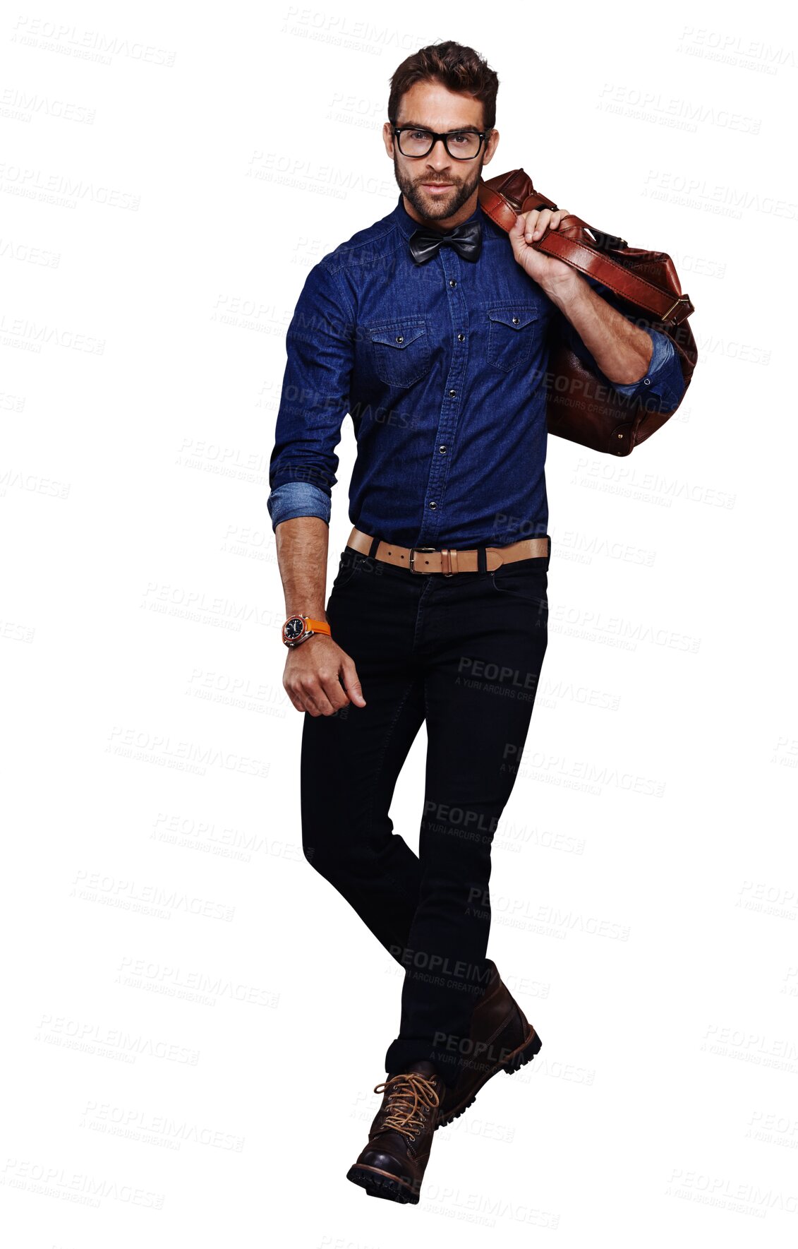 Buy stock photo Fashion, bag and man or model with style feeling confident for travel isolated in a transparent or png background. Clothes, clothes and young person in glasses with a retro or leather suitcase