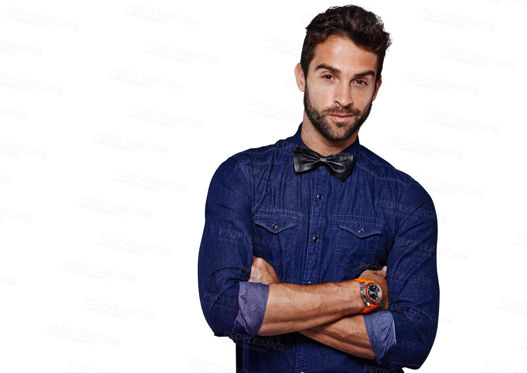 Buy stock photo Fashion, man and portrait with bowtie in isolated and transparent png background with style. Hipster, clothes and face with male person is confident or stylish with focus or watch or accessories.