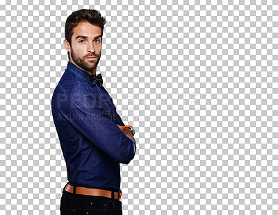 Buy stock photo Arms crossed, fashion and portrait of a professional businessman looking elegant, classy and stylish. Serious, corporate and a man with confidence isolated on a transparent png background for work