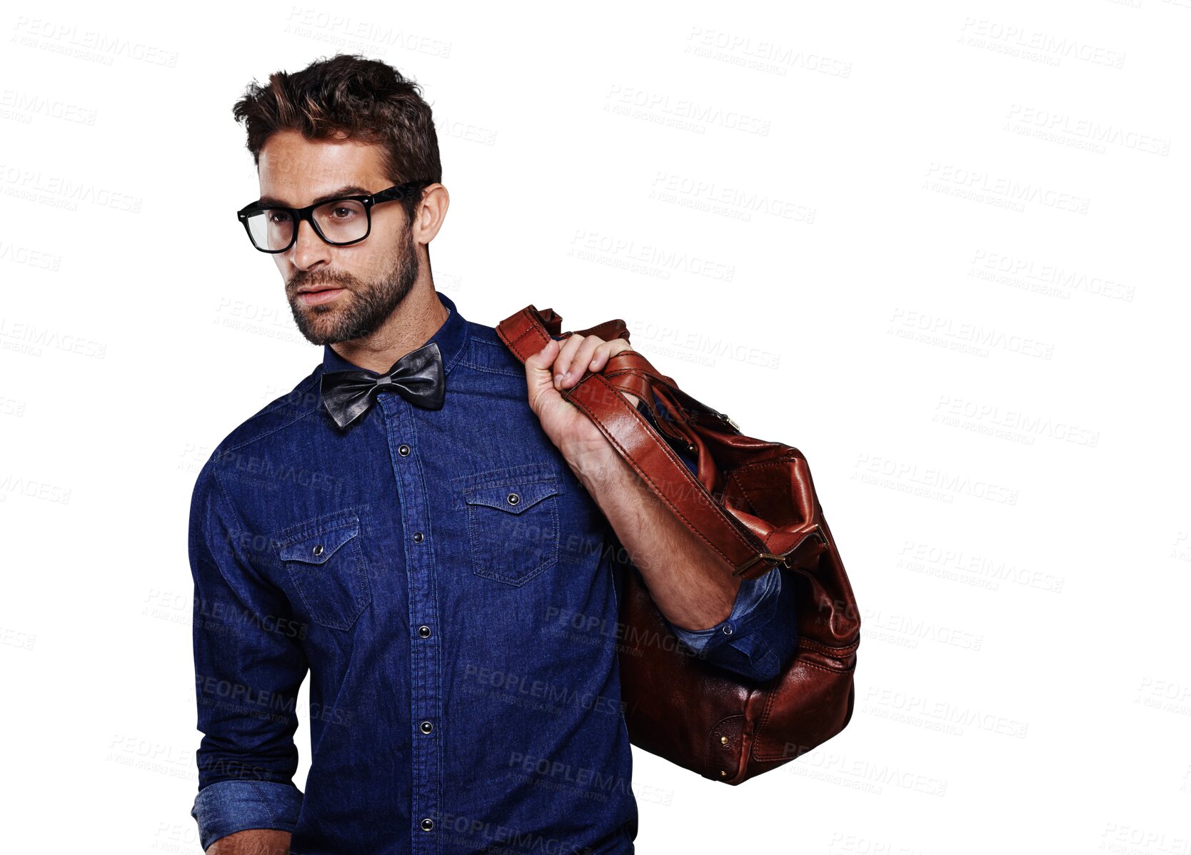 Buy stock photo Isolated business man or luggage for travel, think or retro fashion by transparent png background. Young businessman, person and vision for idea, leather satchel or vintage clothes for aesthetic