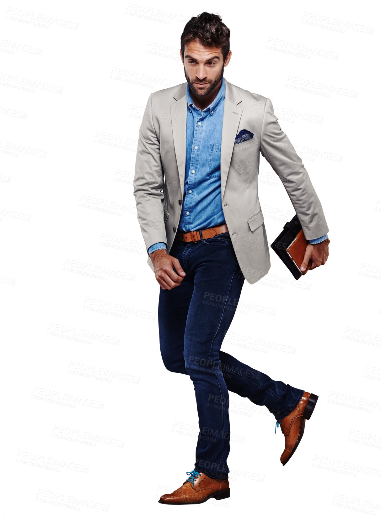 Buy stock photo Body, fashion and business man walking isolated on transparent, png background with career notebook on mission. Model, employee or designer person with professional clothes, creative style and books