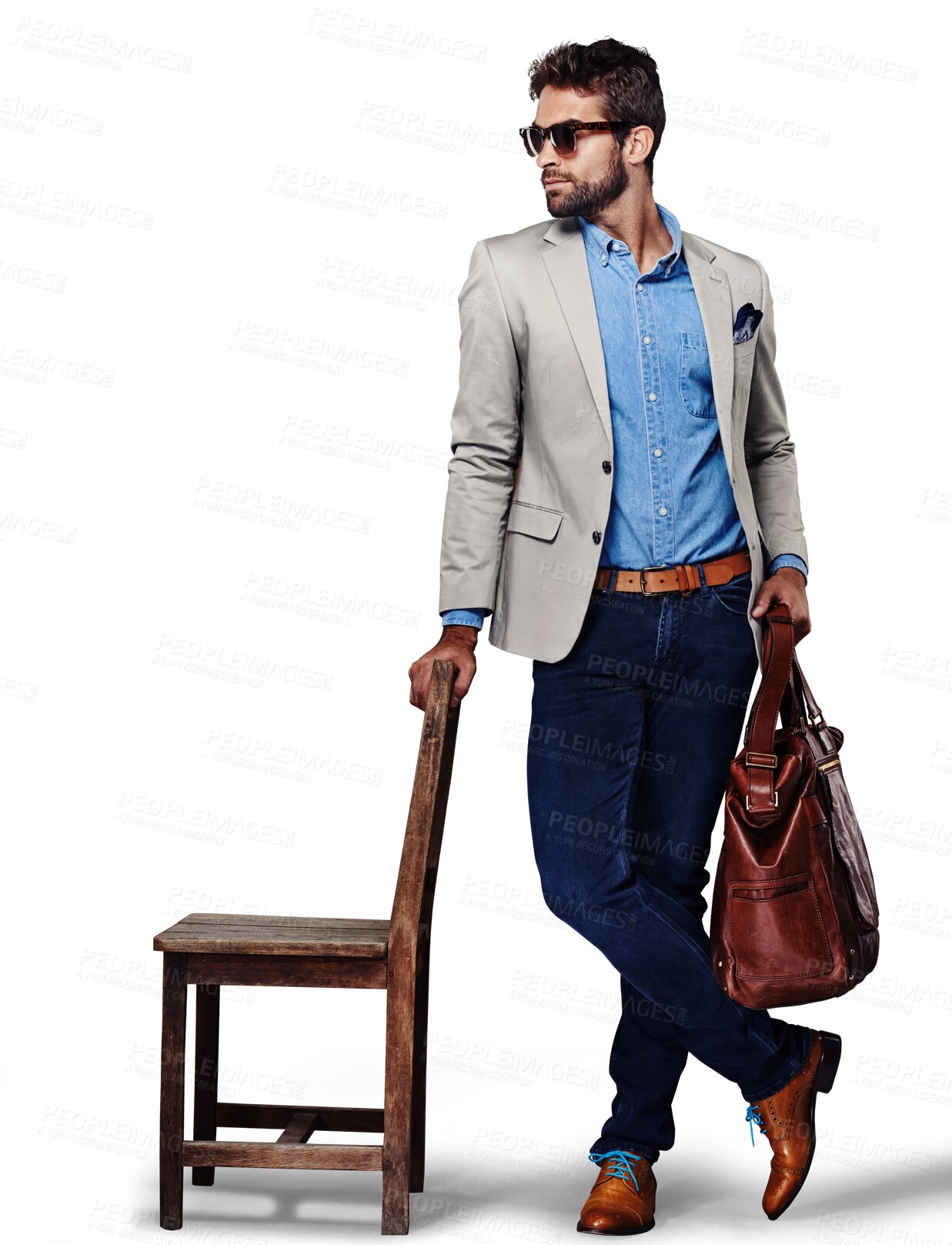 Buy stock photo Fashion, stylish clothes and a man with a bag for business travel isolated on transparent, png background. Sunglasses, cool style and a hipster person or aesthetic model with suitcase and chair
