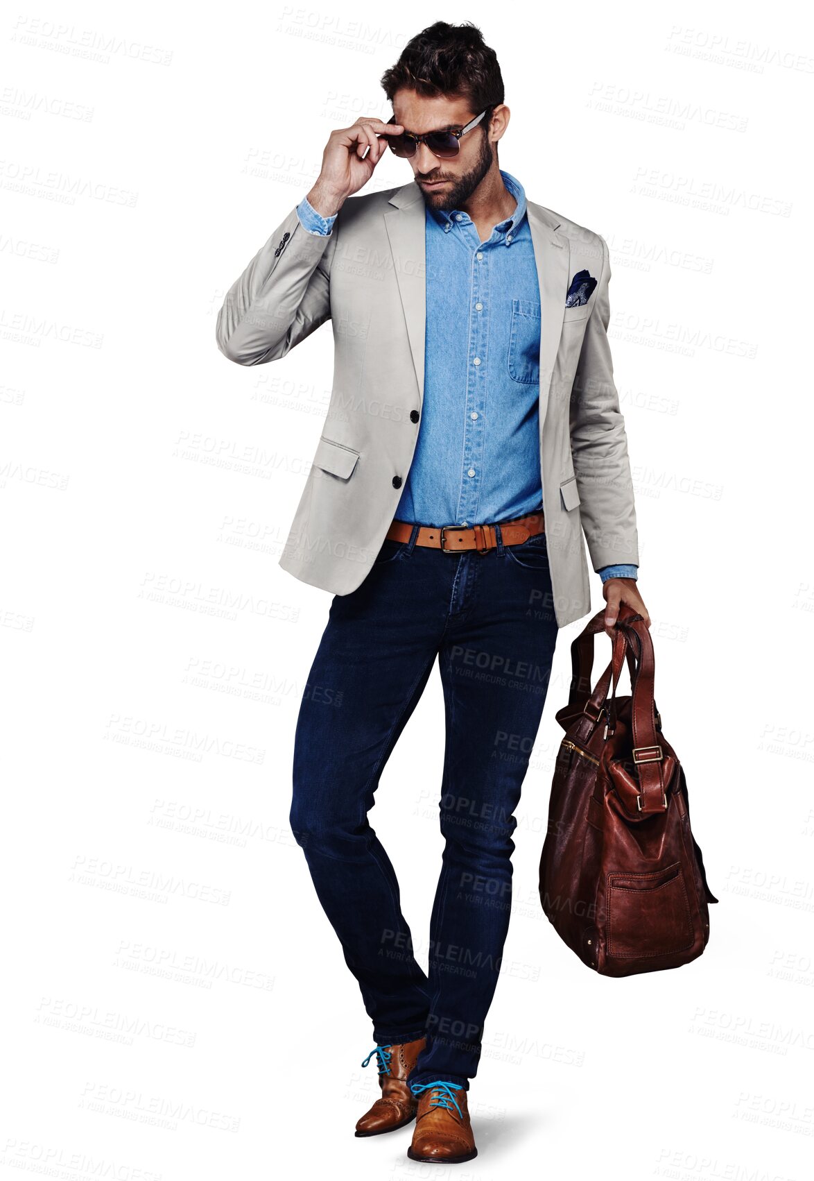 Buy stock photo Isolated business man, fashion and case for travel, thinking or sunglasses by transparent png background. Young businessman, model and vision for ideas, leather satchel or retro clothes with luggage