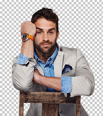 Buy stock photo Fashion, luxury and portrait of business man on transparent background for elegant, glamour and trendy style. Hipster, cool and classy with male model on png for fancy, pride and confidence