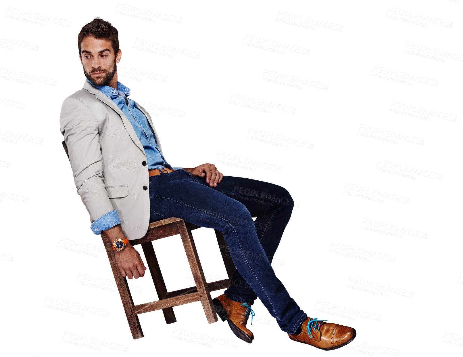 Buy stock photo Man, fashion and relax on wooden chair for stylish casual clothing isolated on a transparent PNG background. Confident male person or young model with style relaxing, leaning or sitting on furniture