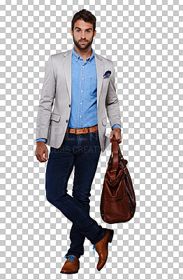 Buy stock photo Fashion, bag and business man in portrait isolated on transparent, png background for career travel. Model, employee or designer person with professional clothes and creative suit for job opportunity