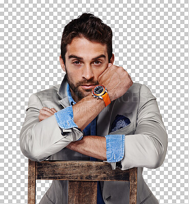 Buy stock photo Portrait of man on chair, fashion and isolated on transparent png background with serious, confident and proud face. Style, glamour and pride, sexy male model with designer clothes and confidence.