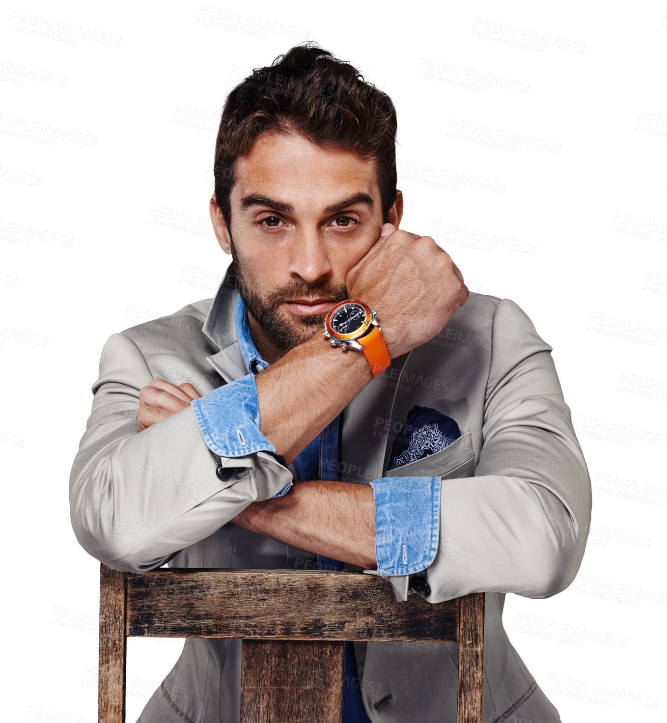 Buy stock photo Portrait of man on chair, fashion and isolated on transparent png background with serious, confident and proud face. Style, glamour and pride, sexy male model with designer clothes and confidence.