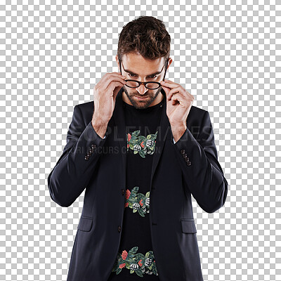 Buy stock photo Fashion, serious and man putting on glasses isolated on a transparent png background for design review or inspection. Designer, model or person reading, inspection or check clothes for quality 