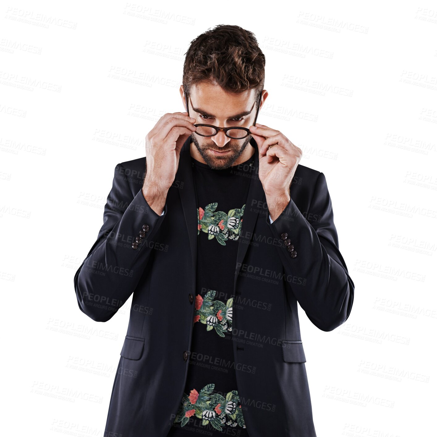 Buy stock photo Fashion, serious and man putting on glasses isolated on a transparent png background for design review or inspection. Designer, model or person reading, inspection or check clothes for quality 