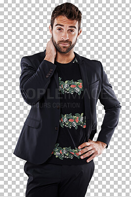 Buy stock photo Fashion, style and portrait of a man isolated on a transparent, png background. Male aesthetic model person from Brazil with designer clothes, confidence and stylish mindset in a semi formal suit