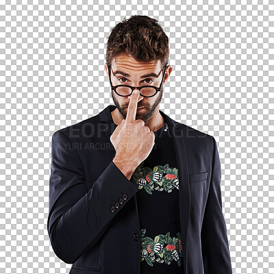 Buy stock photo Portrait, man with glasses and surprise, wow or reaction to news or offer on isolated, transparent or png background. Businessman, face and expression for deal, promotion or attention on discount