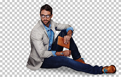 Buy stock photo Fashion, floor and business man thinking isolated on transparent png background for startup project and notebook. Bookkeeping, notes and businessman, person or model in professional clothes on ground