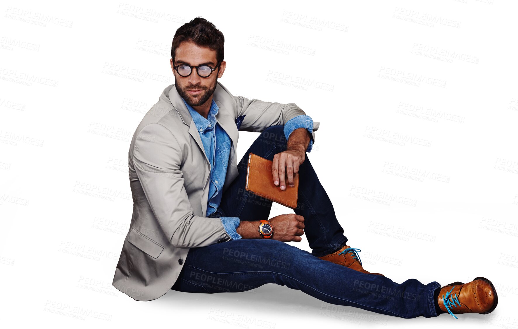 Buy stock photo Fashion, floor and business man thinking isolated on transparent png background for startup project and notebook. Bookkeeping, notes and businessman, person or model in professional clothes on ground