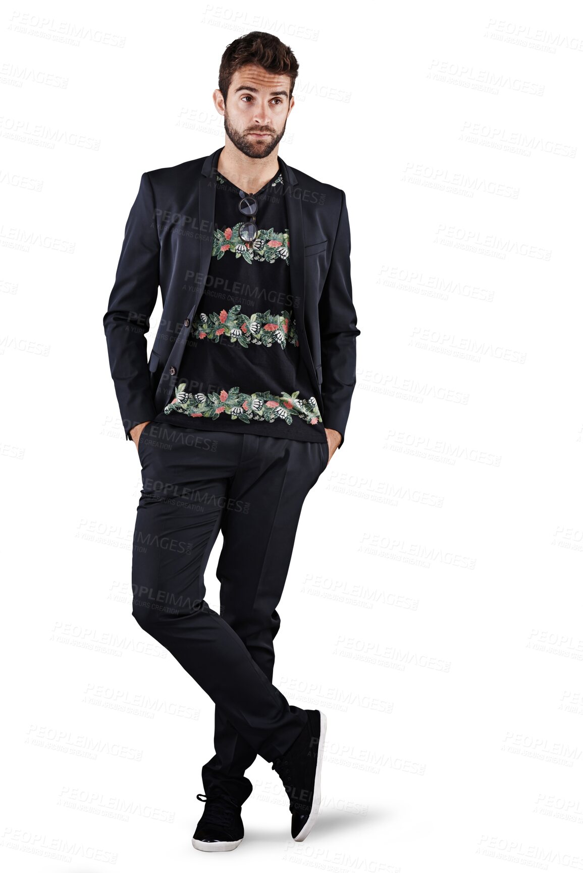 Buy stock photo Fashion, thinking and a creative business man isolated on a transparent, png background. Professional model person from Brazil with an idea, aesthetic style and vision or designer brand clothes