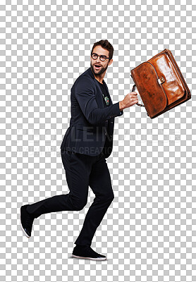 Buy stock photo Fashion, walk and portrait of man with a bag or style of clothes for travel isolated in a transparent and png background. Cool, fun and young person or hipster model with a retro suitcase