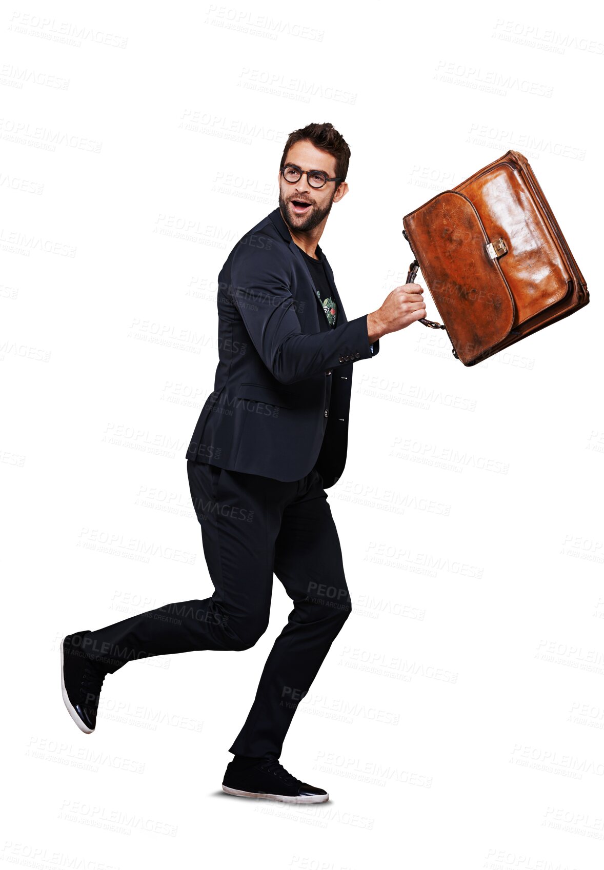 Buy stock photo Fashion, walk and portrait of man with a bag or style of clothes for travel isolated in a transparent and png background. Cool, fun and young person or hipster model with a retro suitcase