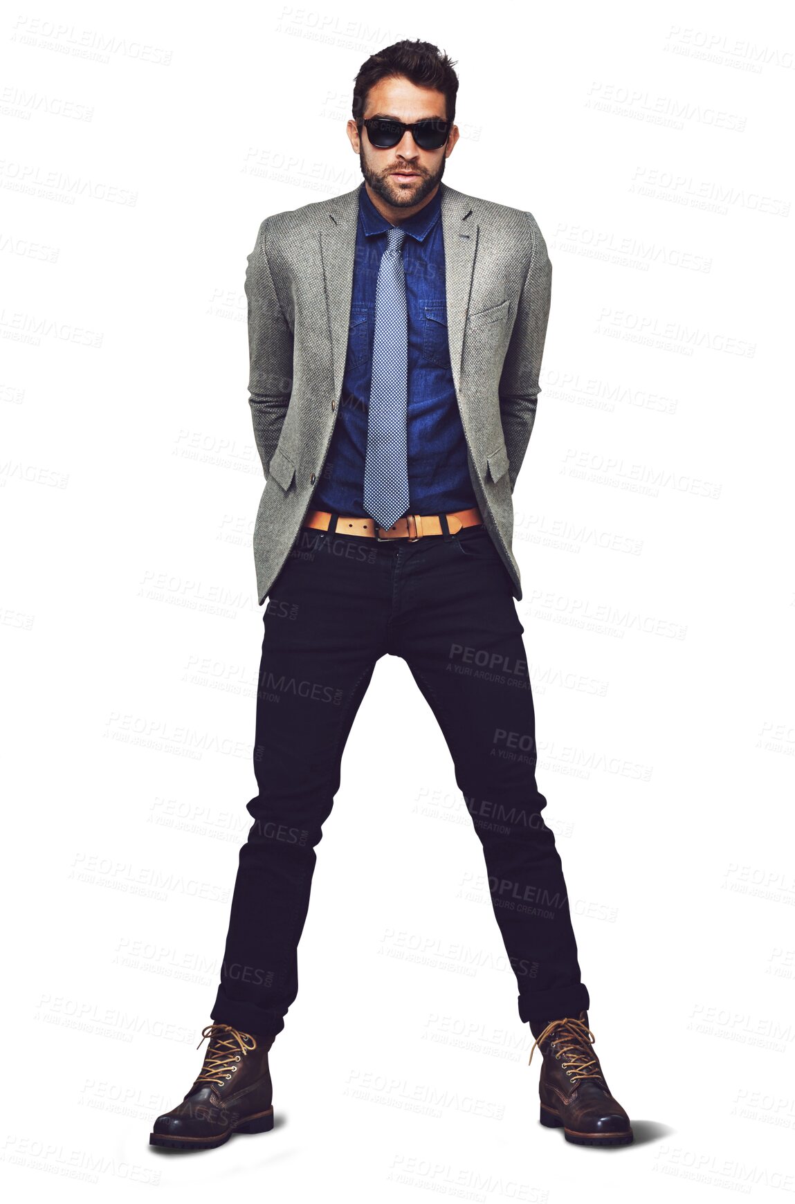 Buy stock photo Portrait, fashion sunglasses and man in suit standing isolated on a transparent png background. Business, model and serious professional person from Australia in stylish, trendy and cool clothes.