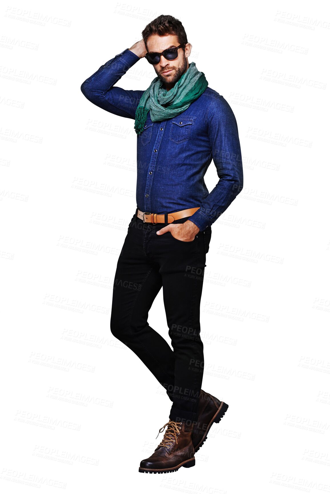 Buy stock photo Portrait of man in sunglasses, jeans and isolated on transparent png background for casual fashion. Trendy, stylish and cool hipster clothes, male model in blue denim with scarf and full body pose.