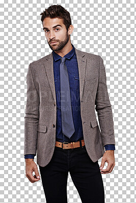 Buy stock photo Fashion, portrait and serious man in suit standing isolated on a transparent png background. Business, model and confident professional person from Australia in stylish, trendy and classy clothes.