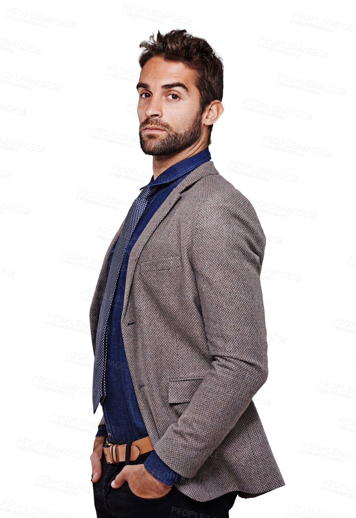 Buy stock photo Portrait, serious fashion and man in suit standing isolated on a transparent png background. Cool, model and confident person with hand in pocket from Australia in stylish, trendy and classy clothes.