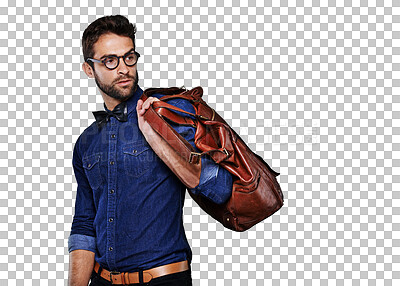 Buy stock photo Isolated business man, case and travel for vision, thinking or retro fashion by transparent png background. Young businessman, model and idea for luggage, leather bag or vintage clothes for aesthetic